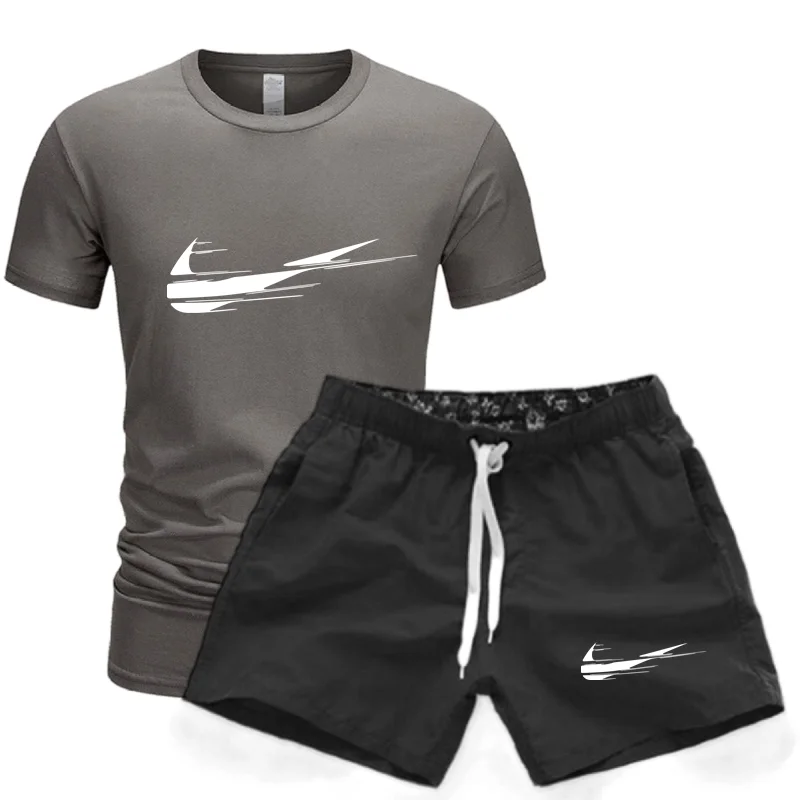 

2021 Brand Men's T-shirt set Sweatshirt pants summer men's cotton T shirt + beach shorts casual suit sportswear men's clothing