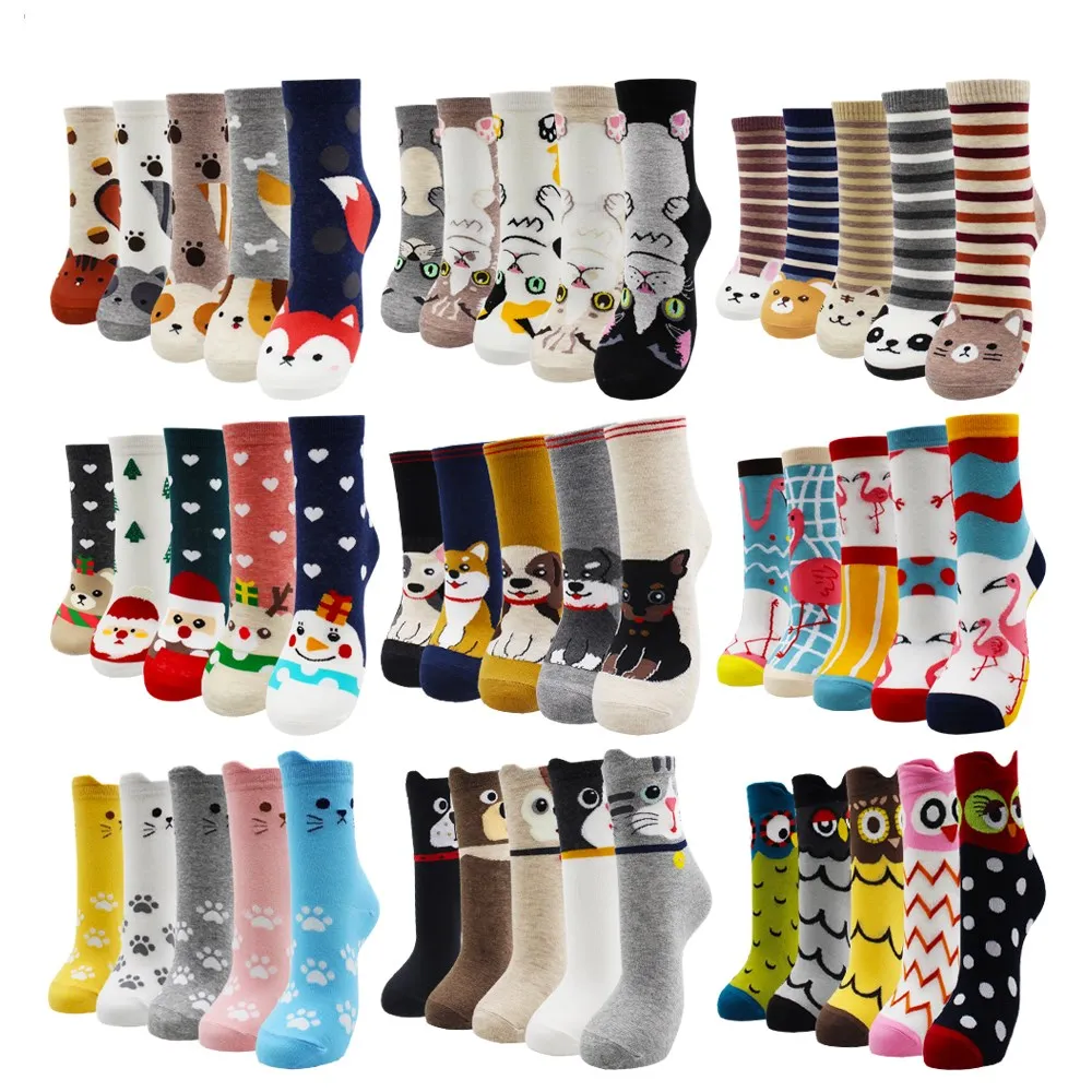 5 Pairs Fashion Colorful Kawaii Cute Cartoon Cotton Women Socks Harajuku Korean Cat Dog Owl Duck Fox Girl Socks