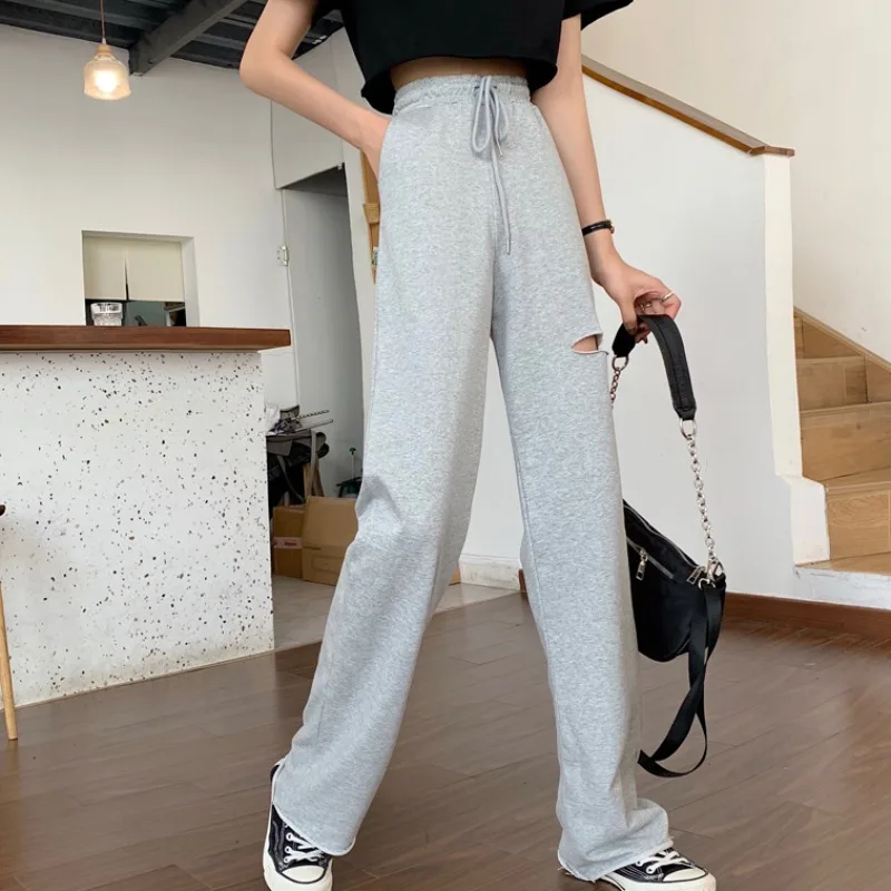 

Draping Thin Ripped Wide-Legged Women's Casual Pants 2021 Early Spring New High Waist Slimming and Straight Sports Pants Tide