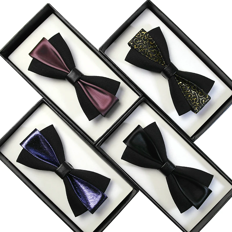 Fashion Men's Bow Ties for Wedding Double Fabric PU Leather Diamond  High Quality Club Banquet Butterfly Bowtie with Gift Box