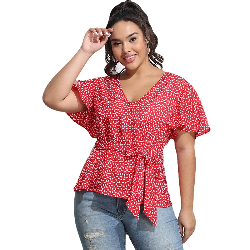 

Large Size Blouses Short Sleeves Shirt Summer V-neck Dot Female Sashes Pullover Fashion Chiffon Thin Shirts Women's Top Clothes