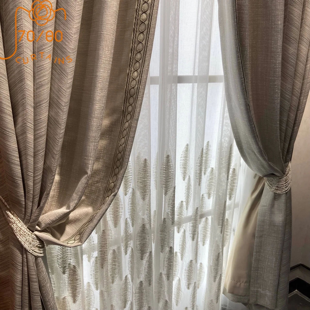 2021 Luxury Herringbone Pattern Cotton Linen Jacquard Stitching Blackout Curtains for Living Room Bedroom Finished Customization