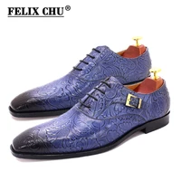 size 6 to 13 mens dress shoes oxford genuine leather blue print buckle lace up pointed toe party wedding classic shoes for men
