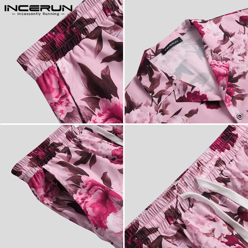 

2021 Men Sets Flower Printed Breathable Lapel Short Sleeve Shirt Shorts Streetwear Beach Men Hawaiian Suits 2 Pieces 5XL INCERUN