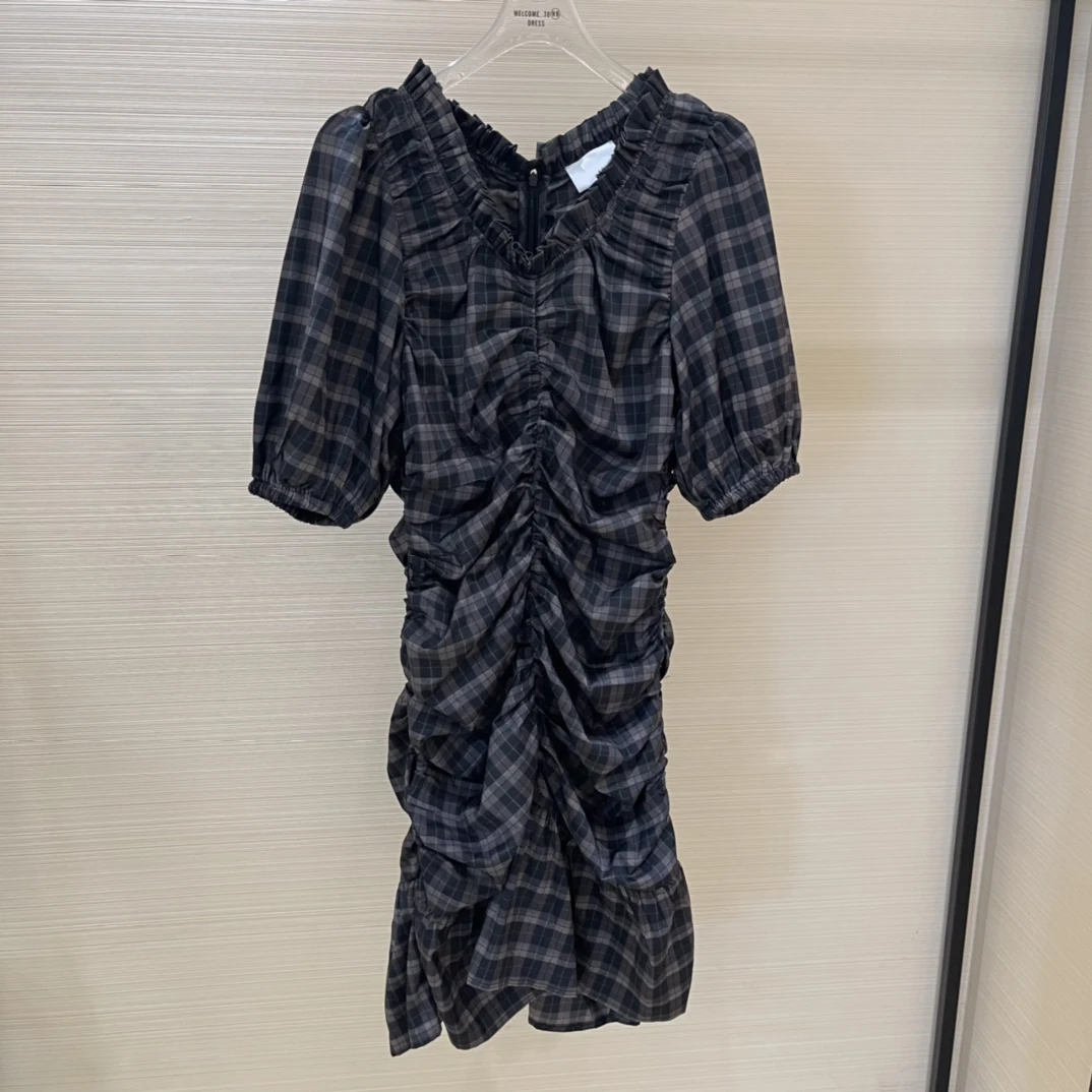 

Vintage V Neck Short Sleeve Plaid Summer Sexy European Trumpet Sweet Ruffle Puff Sleeve Chic Runway Luxury Bohemian Women Dress