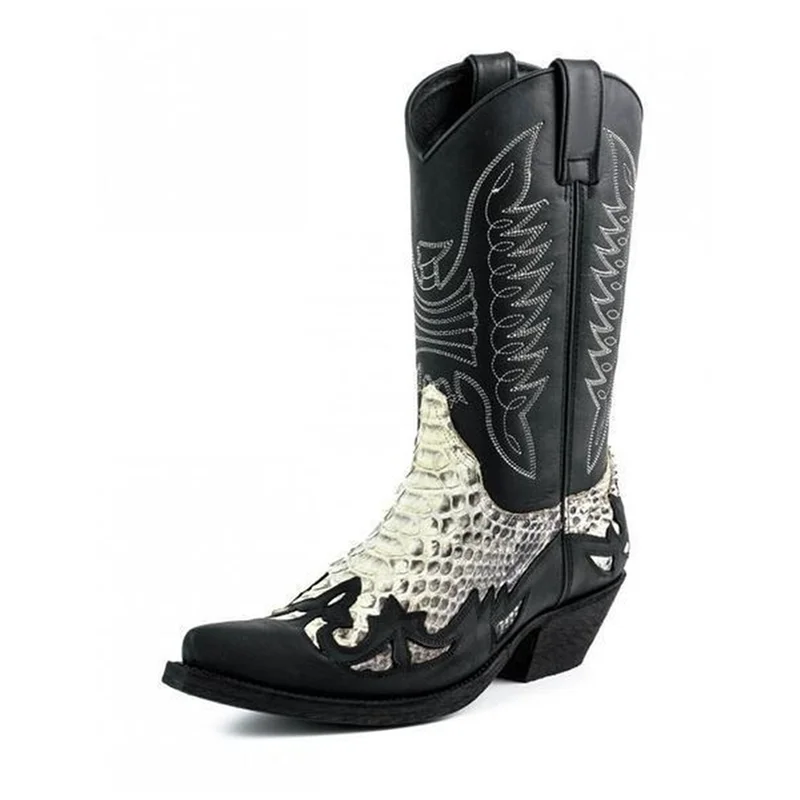 

2021 New Men Shoes Fashion Trend Long Tube Color Matching PU Classic Embroidered Embossed Snake Print Retro Cowboy Boots KS300