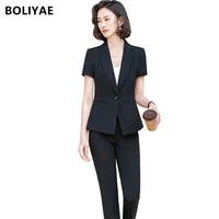 boliyae 2021 womens blazer and pants set female summer casual short sleeve suits jacket with skirt office tops work clothes trf