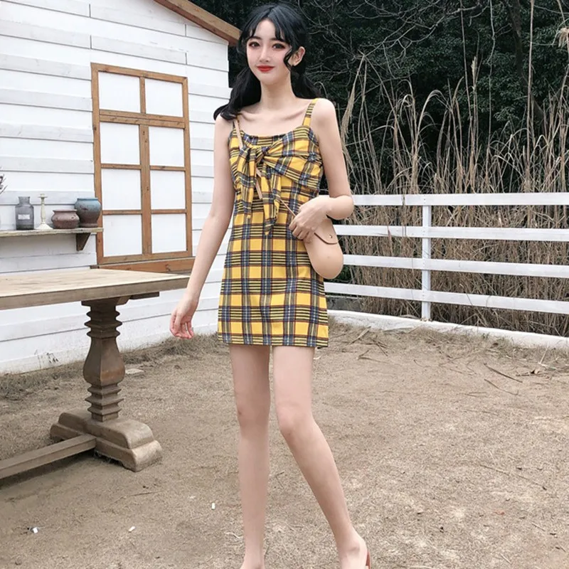 

summer dress Women Preppy Style Plaid Dress Square Collar Sling Ladies Slim Vestidos Sleeveless Sexy Korean Mini Dress
