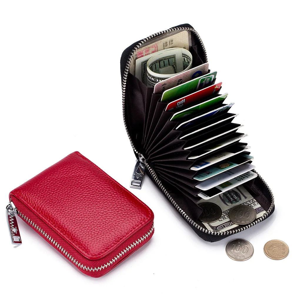 

New Brand Genuine Leather Minimalist Organizer Women Business Organ Card Holder Men Cowhide Travel Zipper 12 Cards Bag