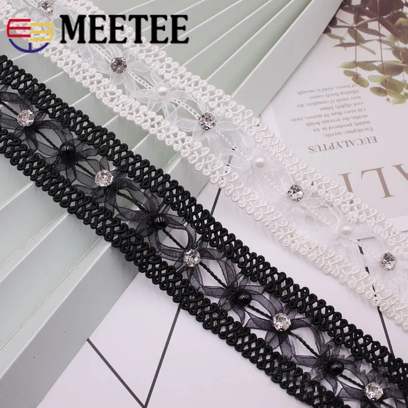 

2/4Yards Meetee 3cm Polyester Beads Lace Fabric Ribbon Handmade Rhinestone Pearl Decor for DIY Sewing Garment Craft Accessories