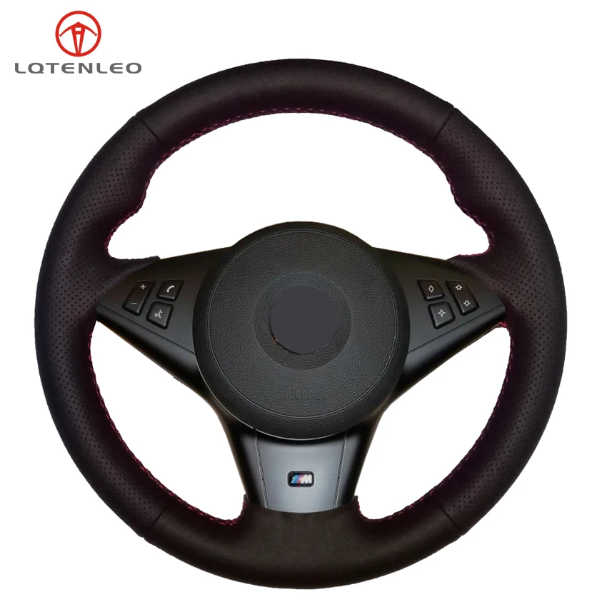 LQTENLEO-cubierta de cuero Artificial para volante de BMW, protector negro de PU para BMW E60, E61, Touring 530d, 545i, 550i, E63, Coupe E64, 630i, 645Ci, 650i