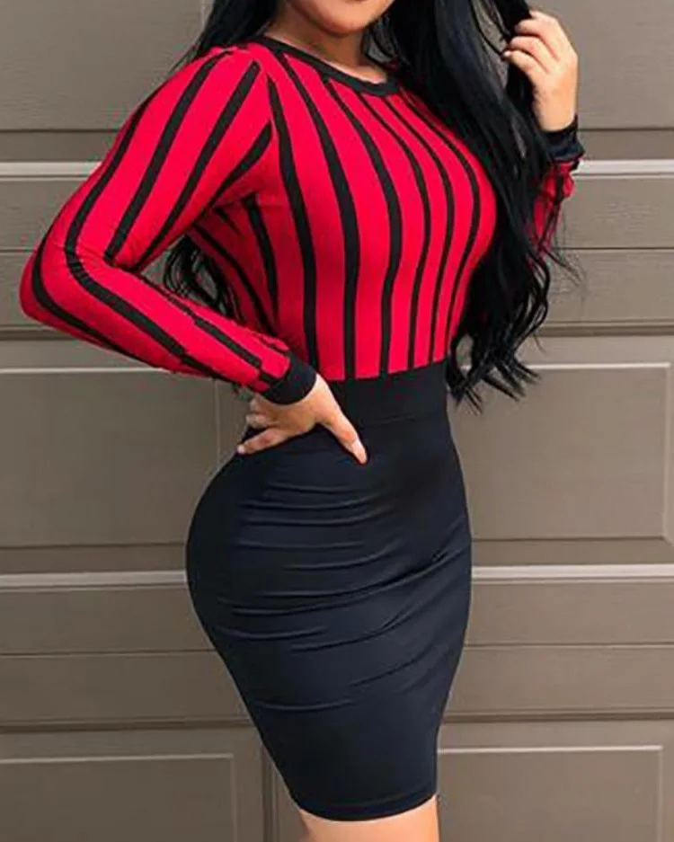 

WEPBEL Women Mini Sheath Dress Full Sleeve Striped Stitching Dress O Neck High Waist Fashion Sexy Casual
