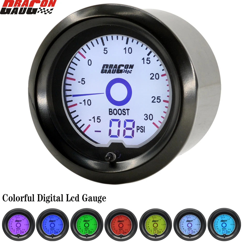 

Дракона 2 "52 мм авто ускоритель 7 цветов Подсветка светодиодный цифровой турбо блок-15 ~ 30 фунтов/кв. дюйм счетчик турбинный инструмент бесплат...