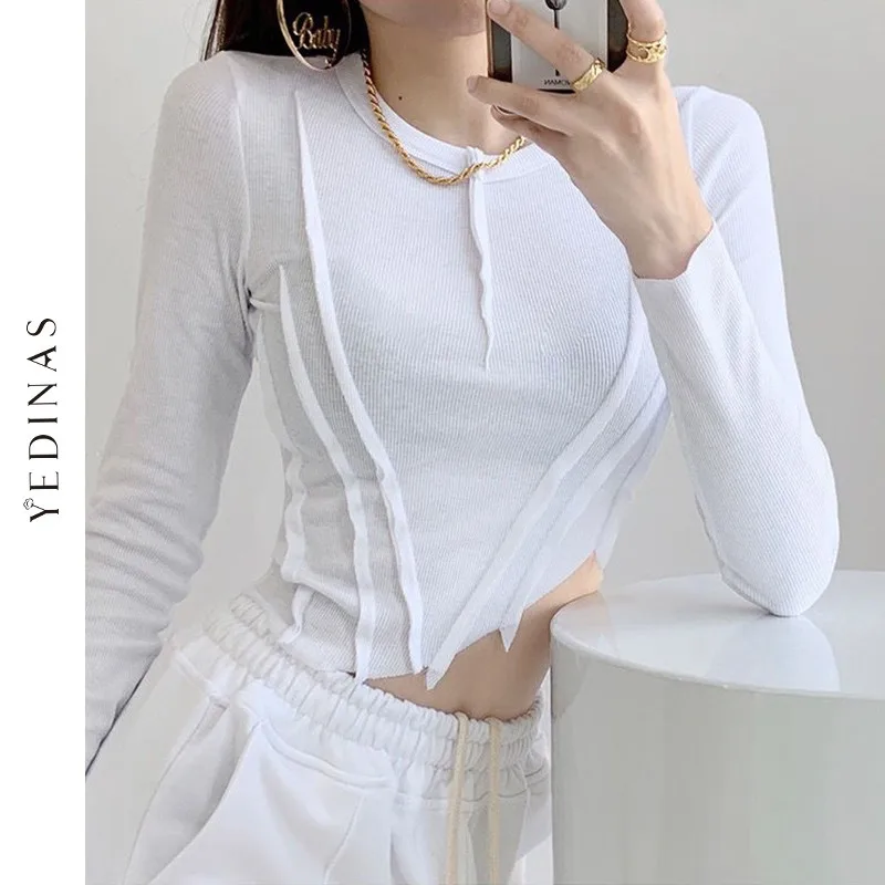 

Yedinas Slim T-shirt Women Chic Long Sleeve Cropped Tops Irregular White T Shirts Sexy Korean Style Harajuku Designer Streetwear