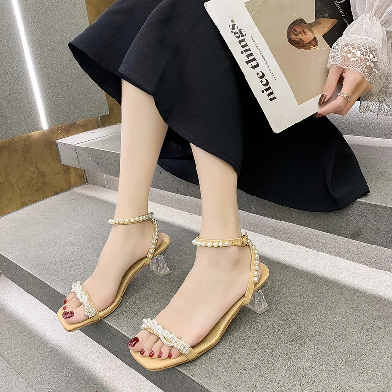 

Beige Heeled Sandals Comfort Shoes for Women Med Buckle Strap 2021 Summer Black Medium High Girls Fashion Pearl New Clear Block