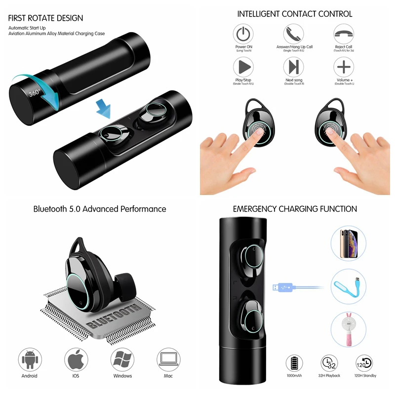 Hot TWS X8 HiFi Bass Sound Touch Control Music Mini Wireless Headset Bluetooth Earbuds IPX6 Waterproof 360 Degree Rotation Shell |