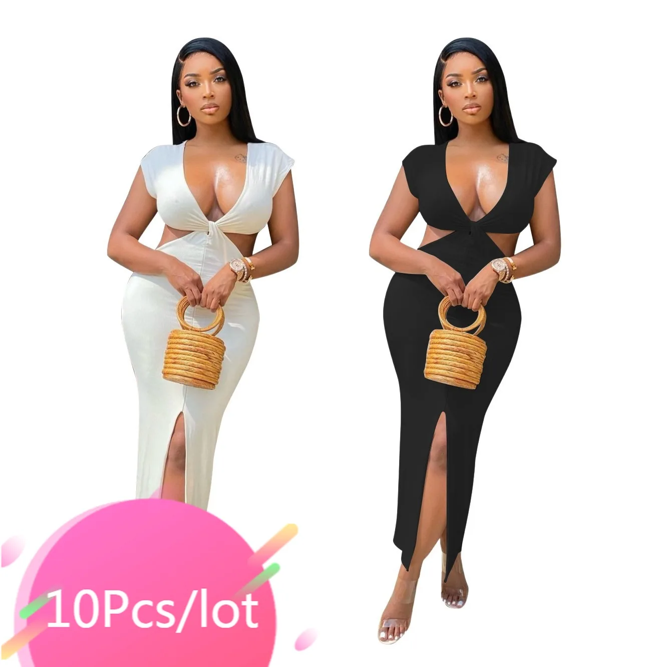 

Bulk Items Wholesale Lots Summer Hollow Out Dress Solid Deep V Neck Short Sleeve Split Long Dress Sexy Club Party Maxi Dress