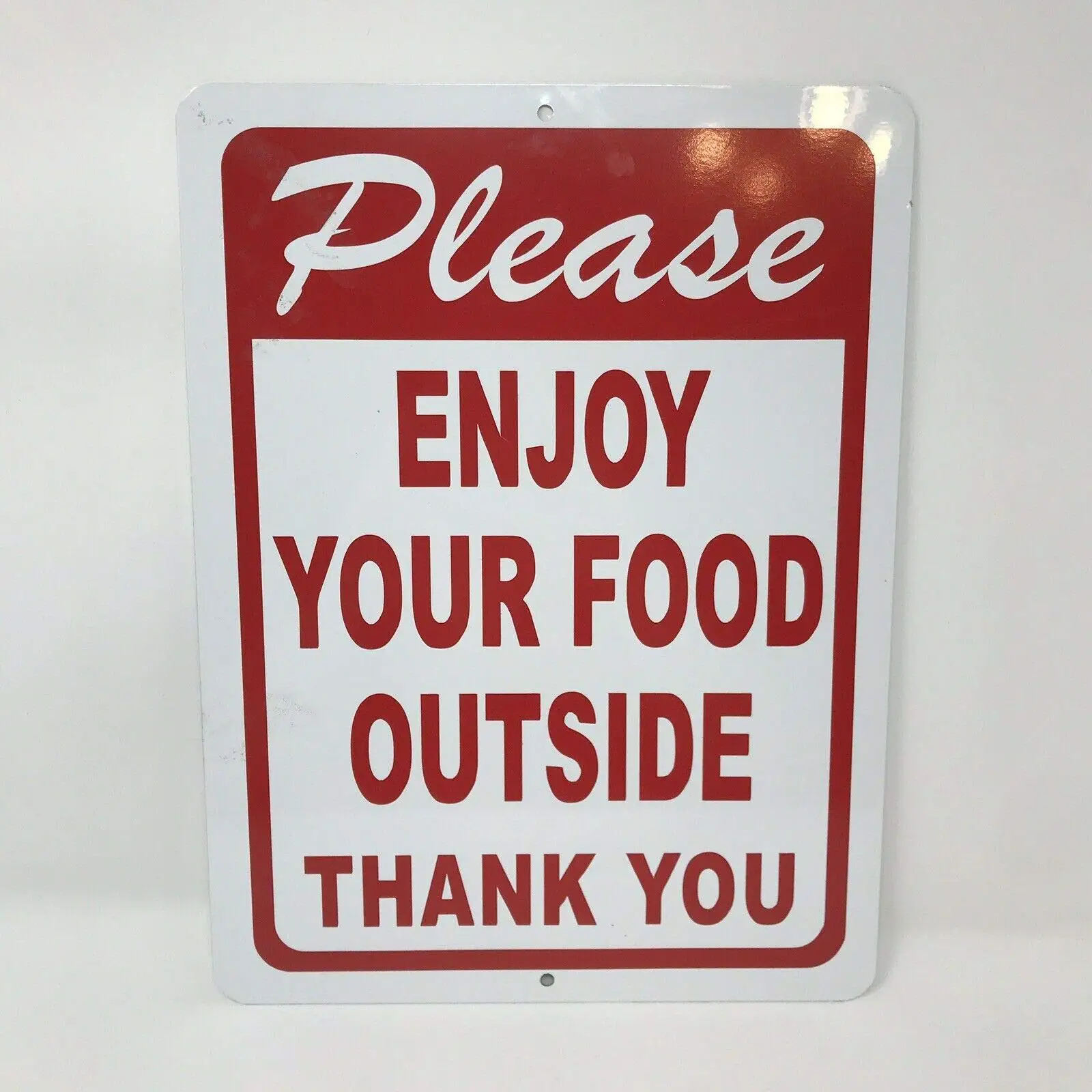 

Please Enjoy Your Food Outside Metal Sign 8x12 No Customers Eating Inside Store