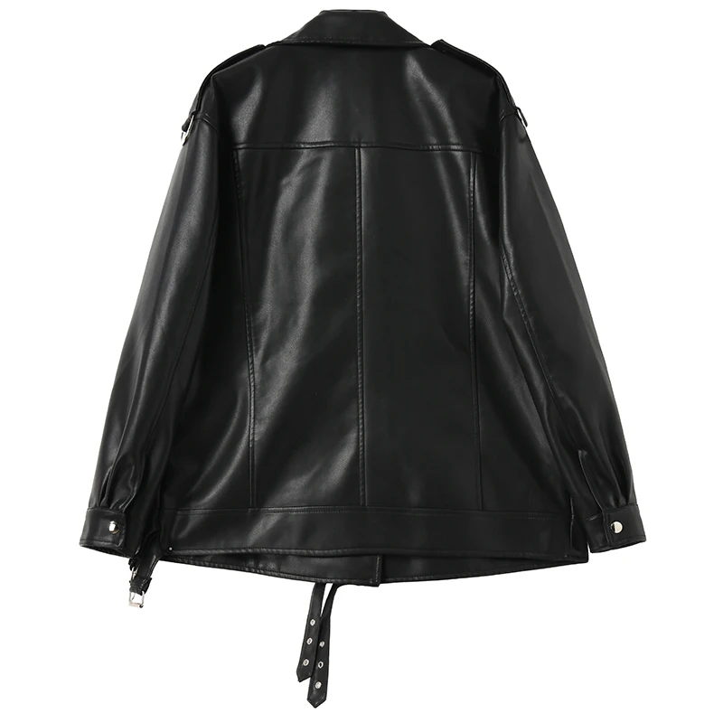 

[EAM] Loose Fit Purple Pu Leather Big Size Jacket New Lapel Long Sleeve Women Coat Fashion Tide Spring Autumn 2021 1DD5471