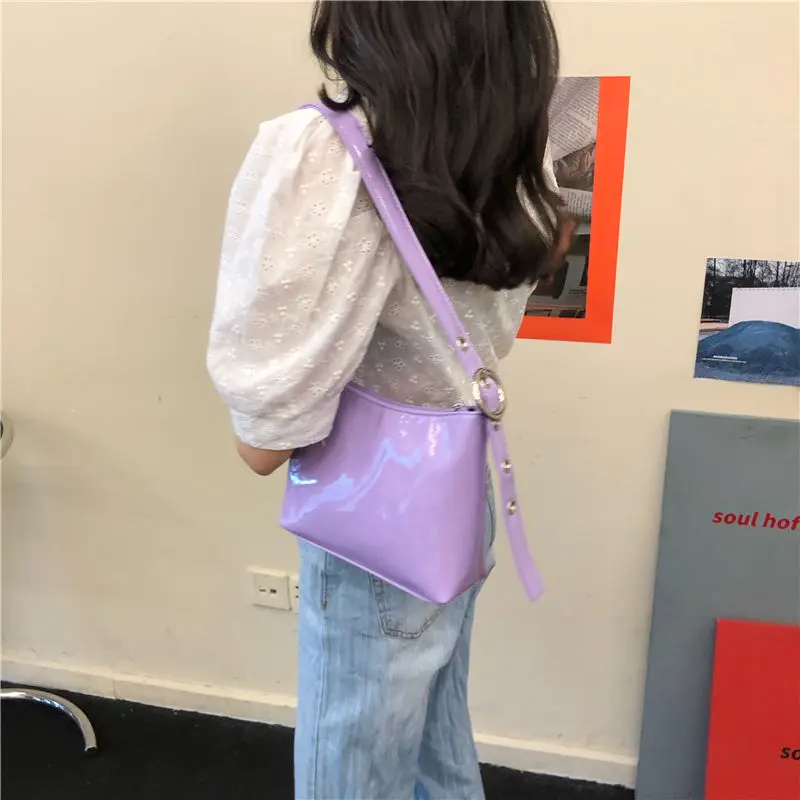 

Purple Solid Color Women Hobos Shoulder Bag Patent Leather Ladies Small Baguette Handbags Fashion Design Female Underarm Bags