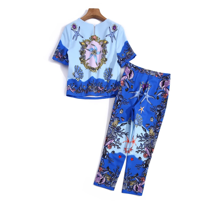 

2021 Designer Summer New Fashion Women'S Trousers Set Starfish Print Diamond T-Shirt + Casual Trousers Vacation Two-Piece Suit
