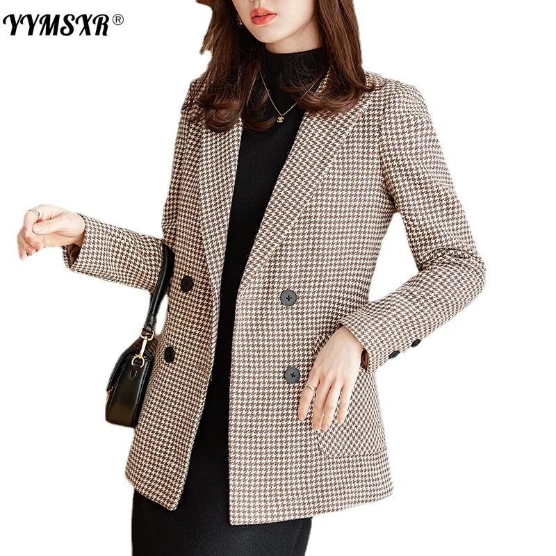 90 Kg Large Size High-quality Suit Women's Autumn and Winter Plaid Long-sleeved Double-breasted Ladies Office Jacket Elegant