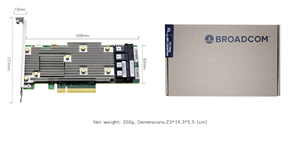 LSI Broadcom MegaRAID 9460-16I трехрежимный SAS/SATA/NVMe 05-50011-00 12 Гбит 16 портов; четыре x4 внутренний SFF8643; PCI-E3.1 X8 4G кэш