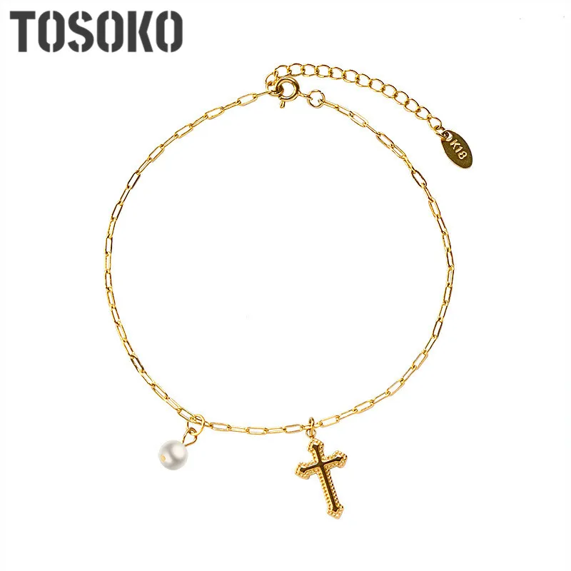 

TOSOKO Stainless Steel Jewelry Cross Pendant Pearl Accessories Chain Exquisite Anklet For Woman BSS098
