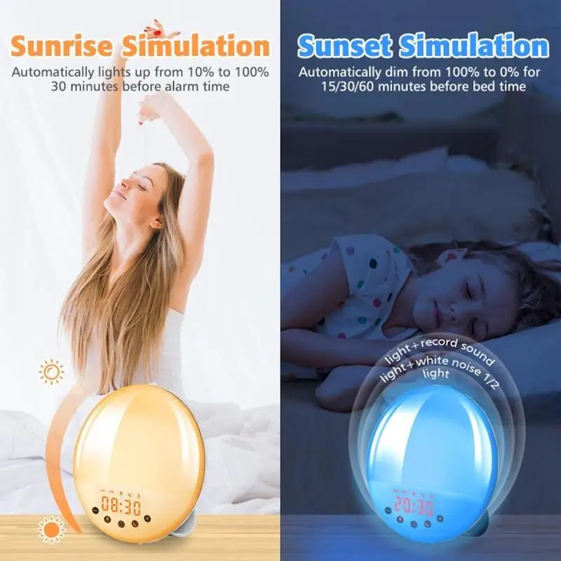 

Creative FM Radio Dual Alarm Wake-Up Light Bedside Lamp Sunrise Simulation Alarm Clock with US EU AU UK Plug Charger Can Choose