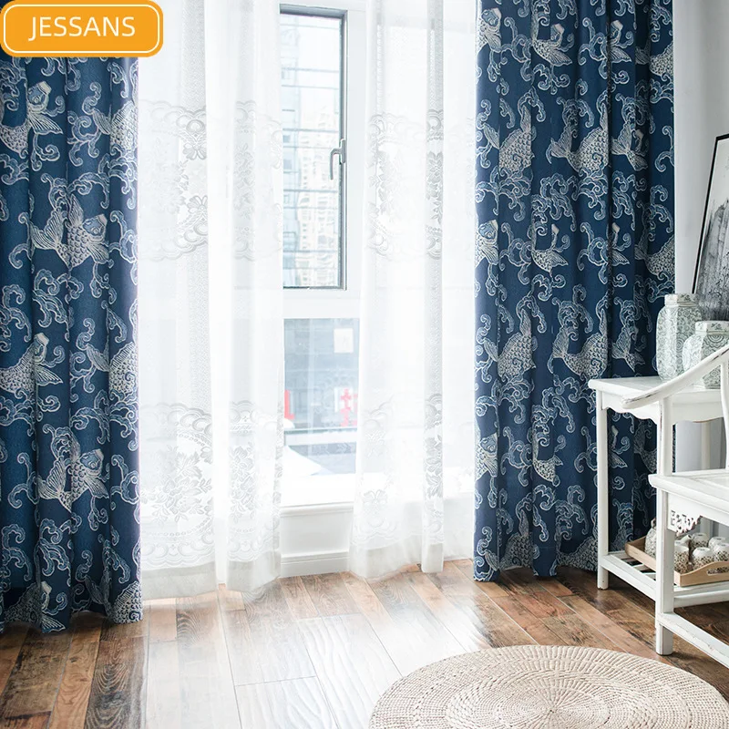 

Simple Chinese Carp Printing Curtain Polyester Cotton Blended Fabric Curtains for Living Room Bedroom Custom Gauze Curtain