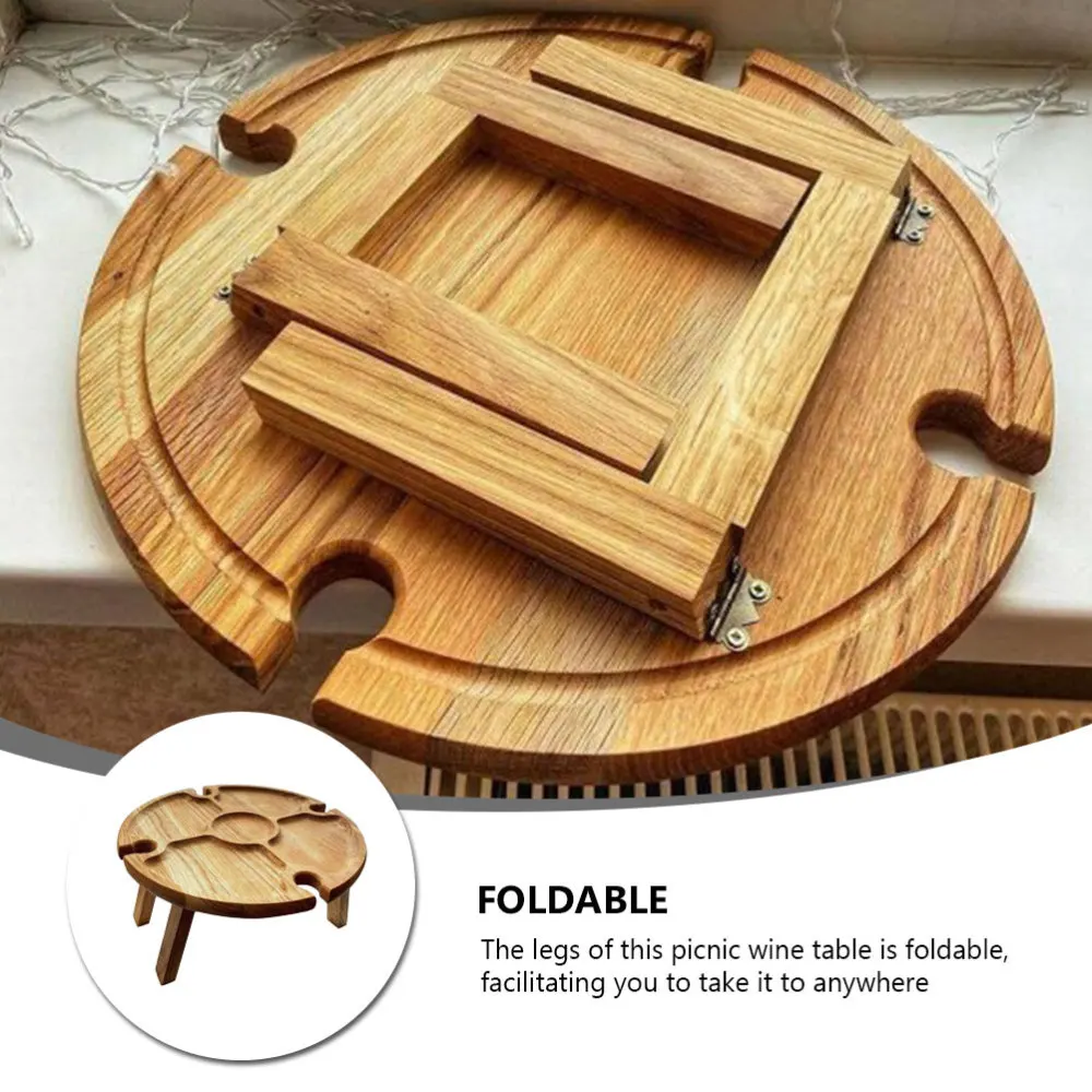 

1Pc Wooden Picnic Table with Glass Holder Outdoor Round Foldable Desk Khaki