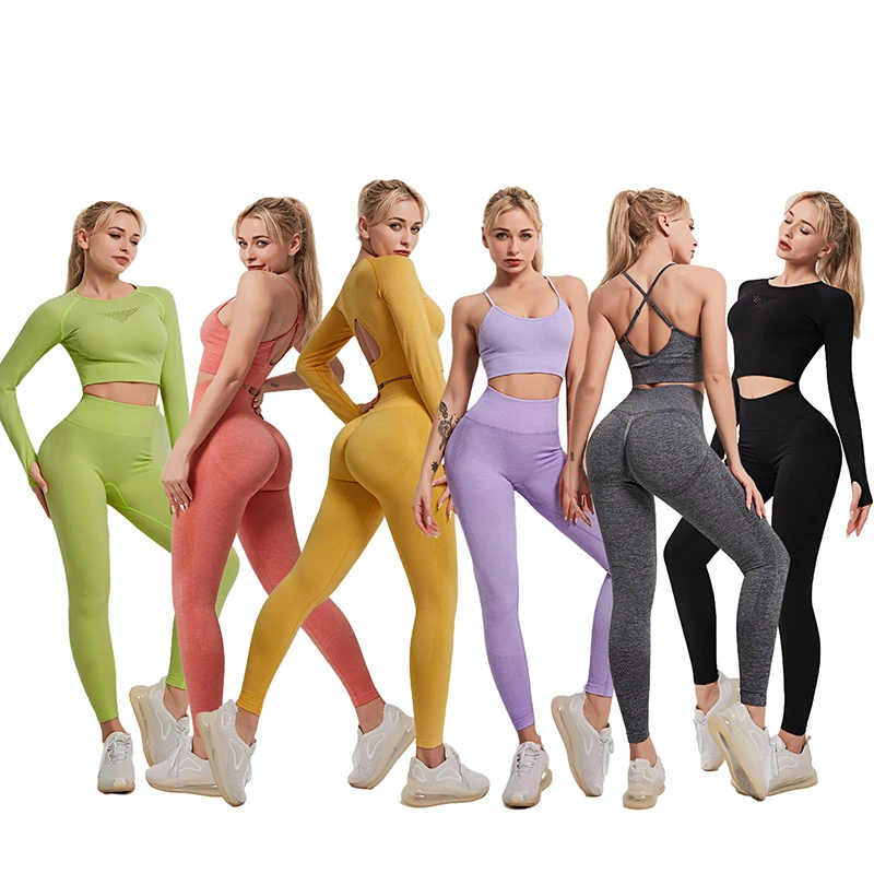 3PCS/Set Sexy Seamless Yoga Outfit Long Sleeve Crop Top Gym Clothing Women's Purple Leggings Workout Sportswear Suit - купить по