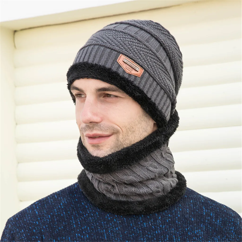 

Men's Winter Hat Cap Collar Set Plus Velvet Thick Knit Hat And Muffler Hat Winter Stretch Snow Mask Beanie Hat Cap Windproof