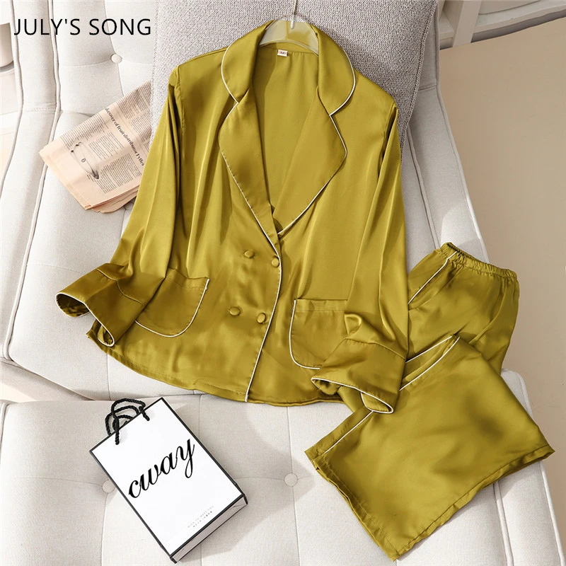 

JULY'S SONG Faux Silk Pajamas Set Spring Autumn Sleepwear Women Casual Long-sleeved Trousers Ice Silk Turn-down Collar Female