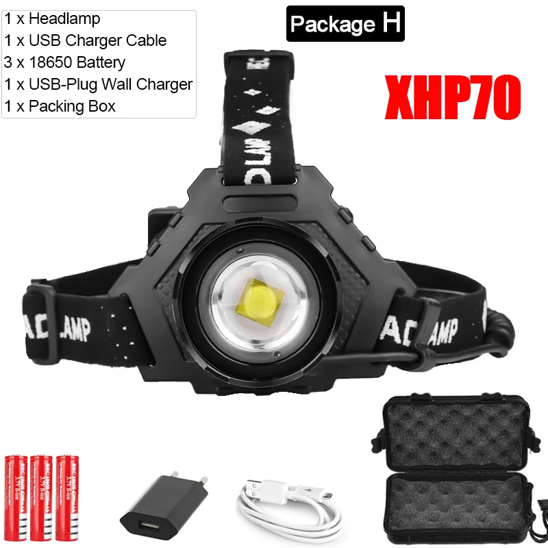 Package H 8000лм XHP70.2 USB Перезаряжаемый светодиодный налобный фонарь XHP70 супер яркий налобный фонарь XHP50 для охоты, велоспорта, рыбалки, использования 3x18650 - Испускаемый цвет: Package H