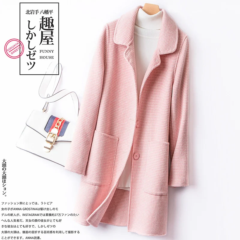 

Thousand bird lattice double-sided cashmere coat female 2021 new small doll collar pink slim wool coat