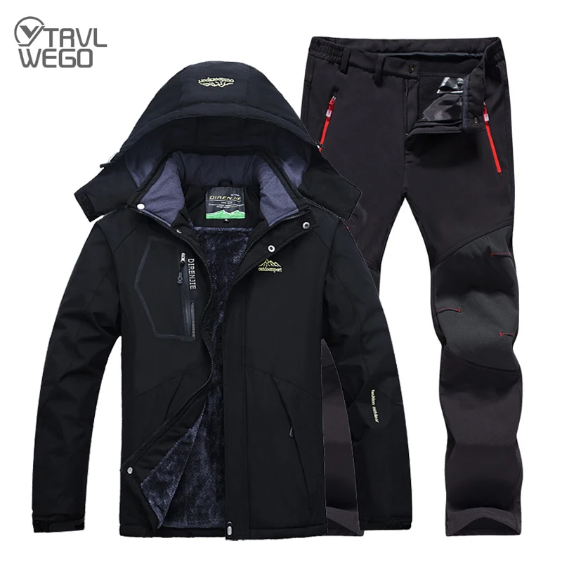 TRVLWEGO Men Winter Waterproof Fishing Clothing Warm Windproof Hiking Vacation Outdoor Trekking Camping Jackets And Pants Set