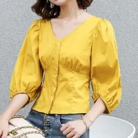 v neck puff sleeve waist slimming shirt blouse summer and autumn 2021 new korean style fashion temperament lady shirt