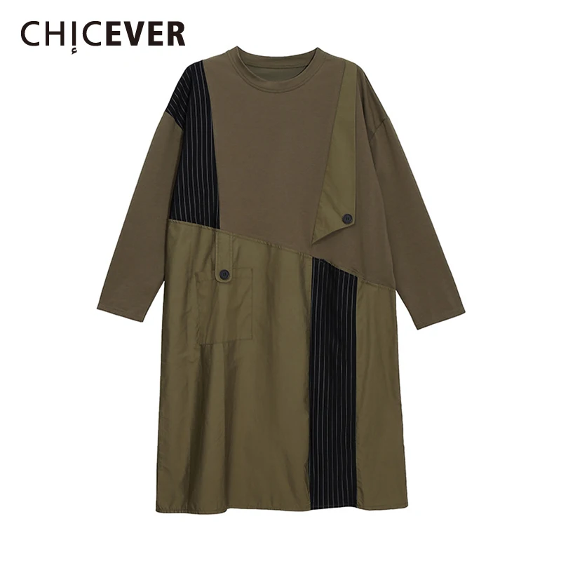 

CHICEVER Повседневное платье для женщин с круглым вырезом, свободное платье с длинным рукавом и цветными вставками, полосатые платья с карманам...