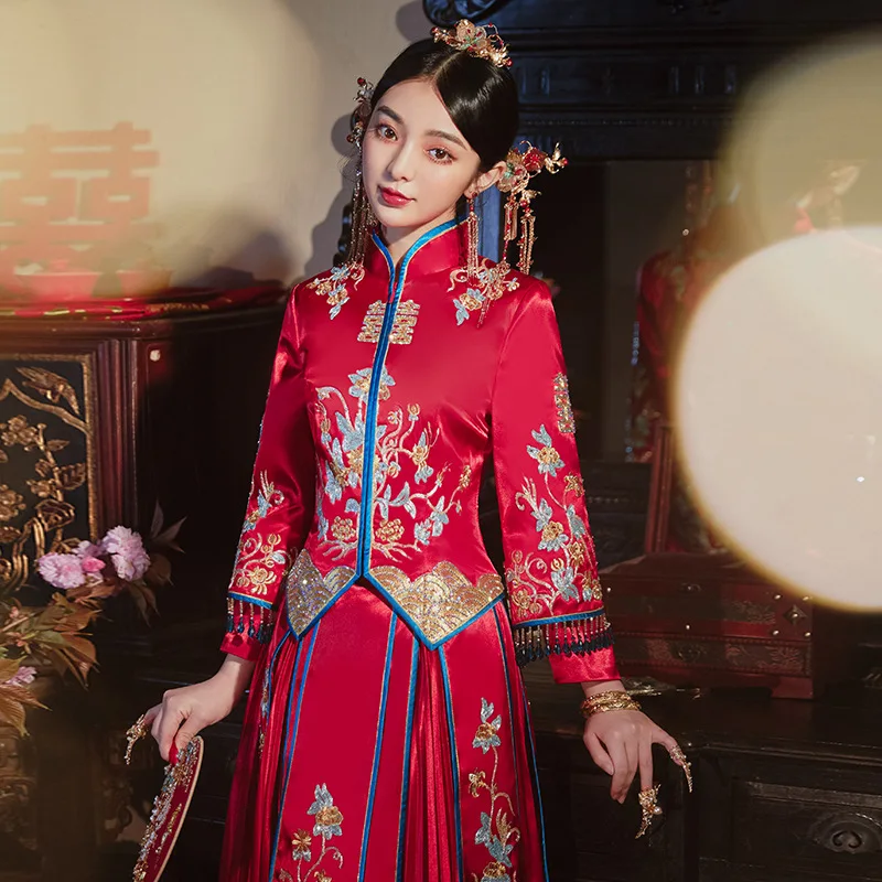 

Exquisite Embroidery Wedding Dress Oriental Cheongsam Chinese Style Marriage Set Elegant Bride Costume Marriage Dress Suit