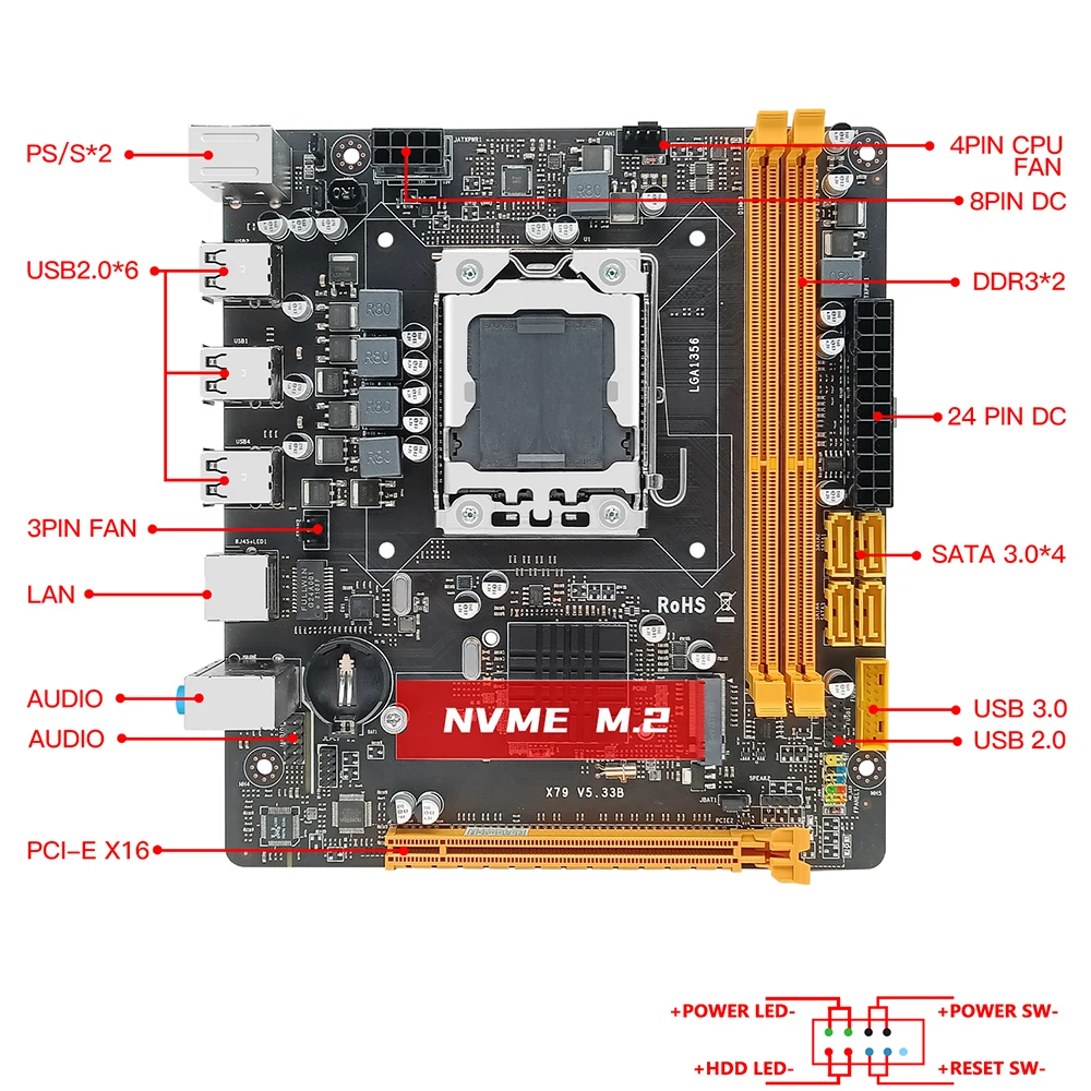 MACHINIST X79 Motherboard Set LGA 1356 With Xeon E5 2420 CPU Processor DDR3 ECC RAM 8GB(2*4G) M.2 NVME Mini DTX Dual Channel 3.3 |