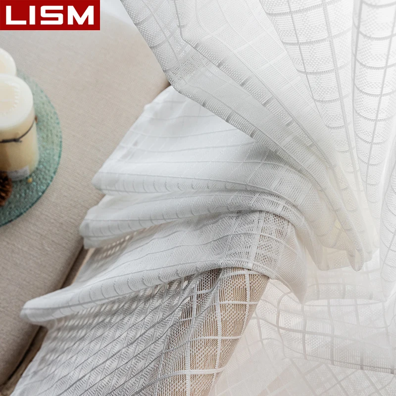 Прозрачные шторы в белую клетку для гостиной современные тюлевые занавески