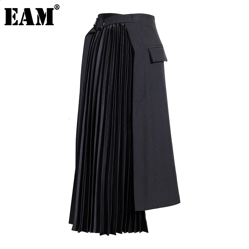 

[EAM] HighWaist Black Asymmetrical Pleated Temperament Half-body Skirt Women Fashion Tide New Spring Autumn 2021 19A-a779