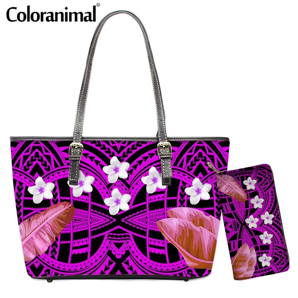 

Coloranimal Polynesian Tropical Plumeria Printed Tote Crossbody Bag for Women 2Pcs/Set PU Shoulder Bag&Wallet Handbag Bolsa Hot