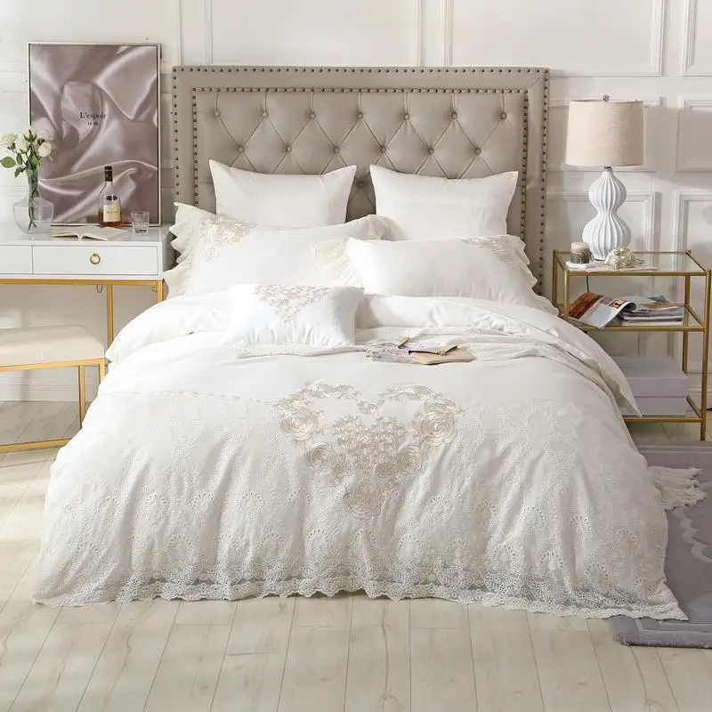 

Queen king luxury Bedding Set white lace egyptian cotton embroidery wedding bed set cotton Bed sheets Duvet quilt cover set