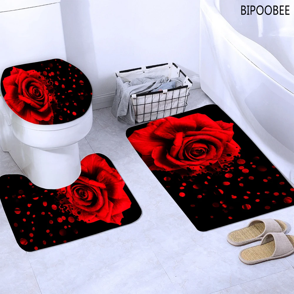 cortina de banheiro com flores rosas vermelhas conjunto de tecido preto tapetes cobertura 02