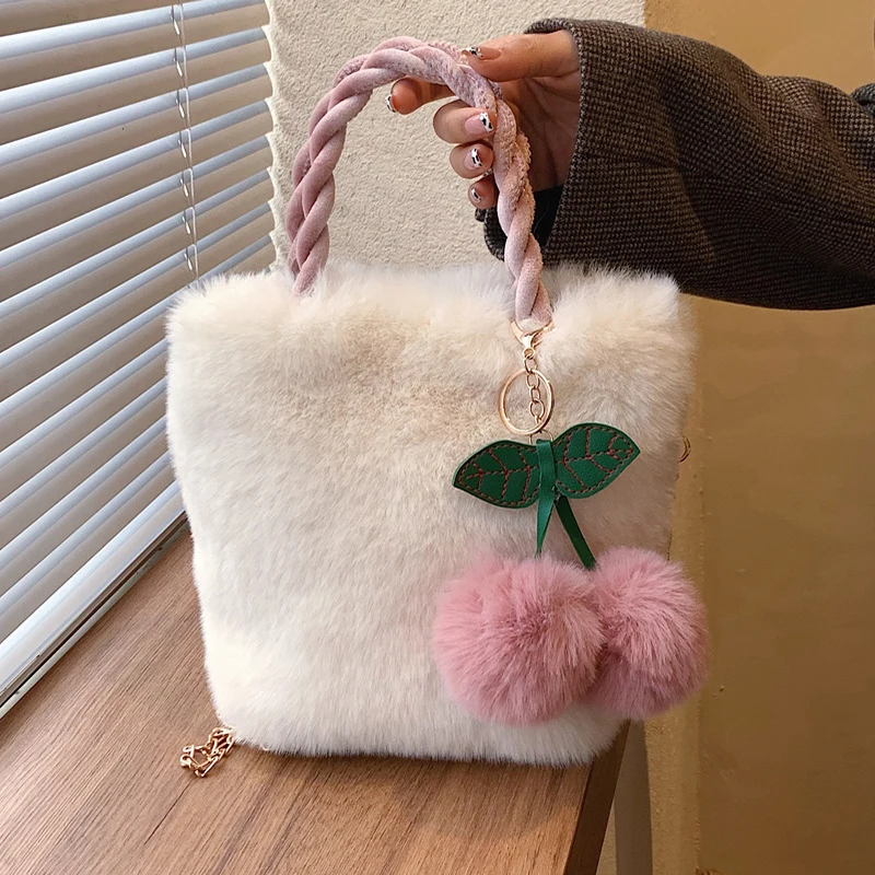 

Fashion Trend Fluffy For Women Chain Plush Tote Bag grace Soft Furry Luxury Designer Handbag Cherry Fur Crossbody Shoulder Bags