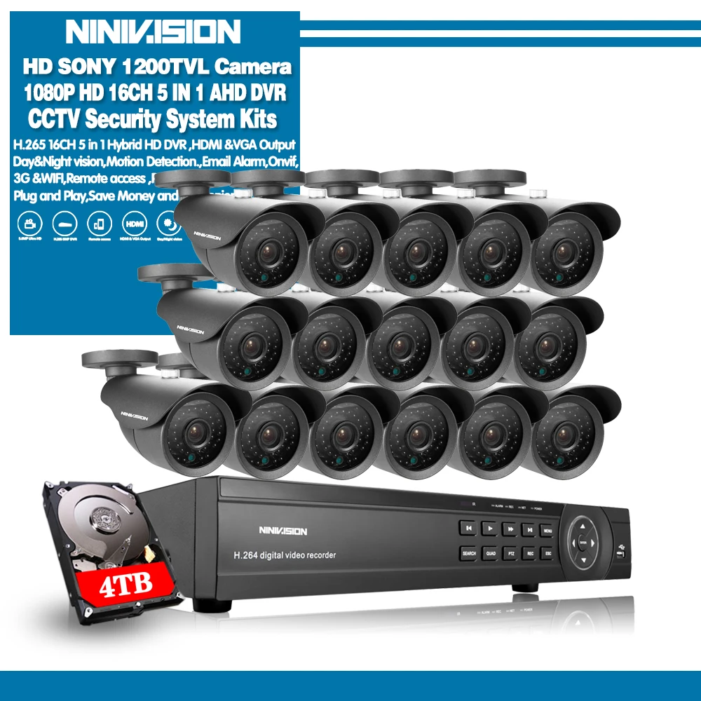 NINIVISION AHD CCTV Системы 16CH AHD 1080P CCTV DVR Kit HDMI 1080N 1200TVL ИК-камеры безопасности Системы для 16ти-канального видеорегистратора CCTV NVR 1 ТБ HDD