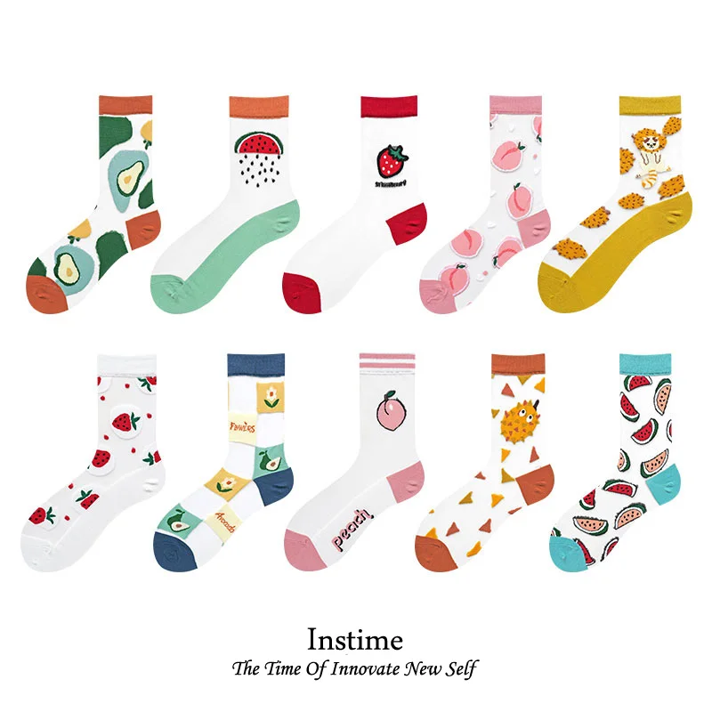 

Instime 3 Pairs /Pack Summer Thin Crystal Transparent Fruit Designer Socks Women CrewWatermelon Avocado Strawberry Durian