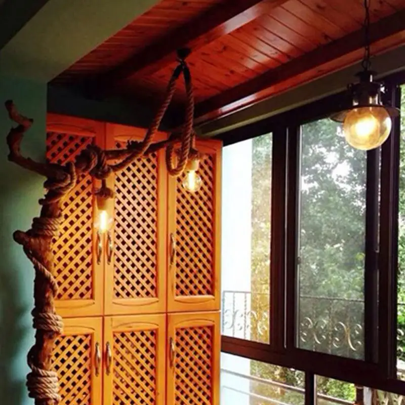 Lámpara colgante de doble cabeza para decoración de sala de estar y Bar, lámpara de techo de cuerda de cáñamo rústico Vintage E27 1/1 V, 220 M